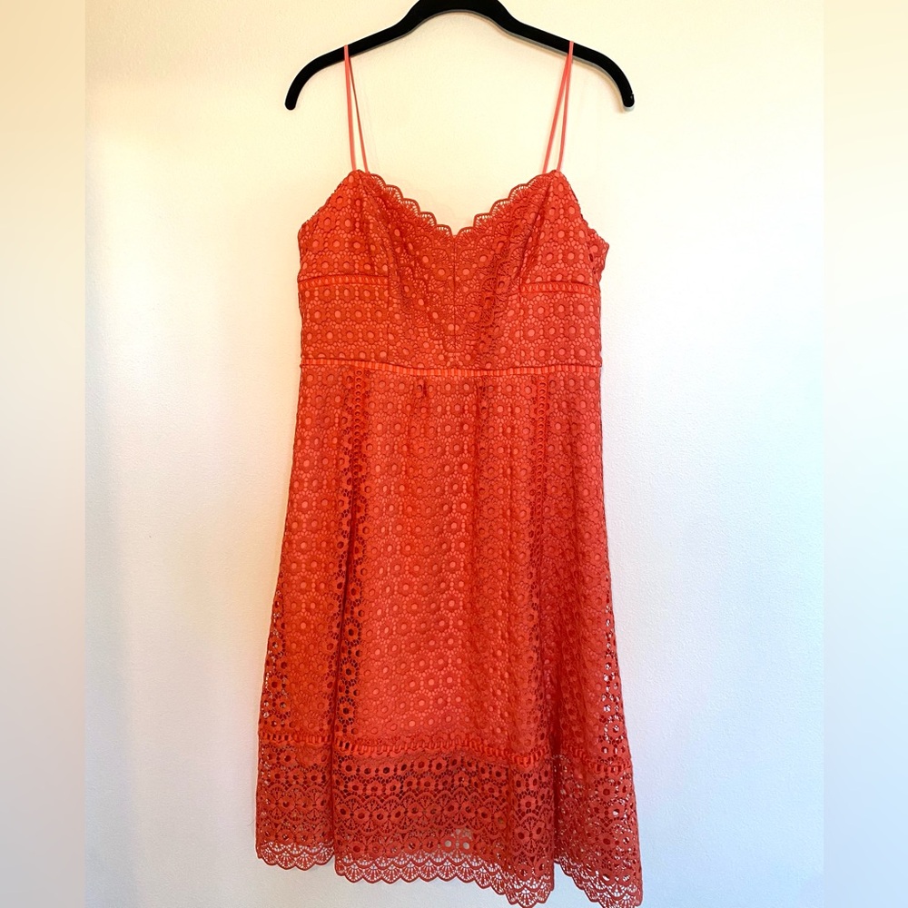 J Crew Midi Dress with Lace Overlay, Coral Size 8